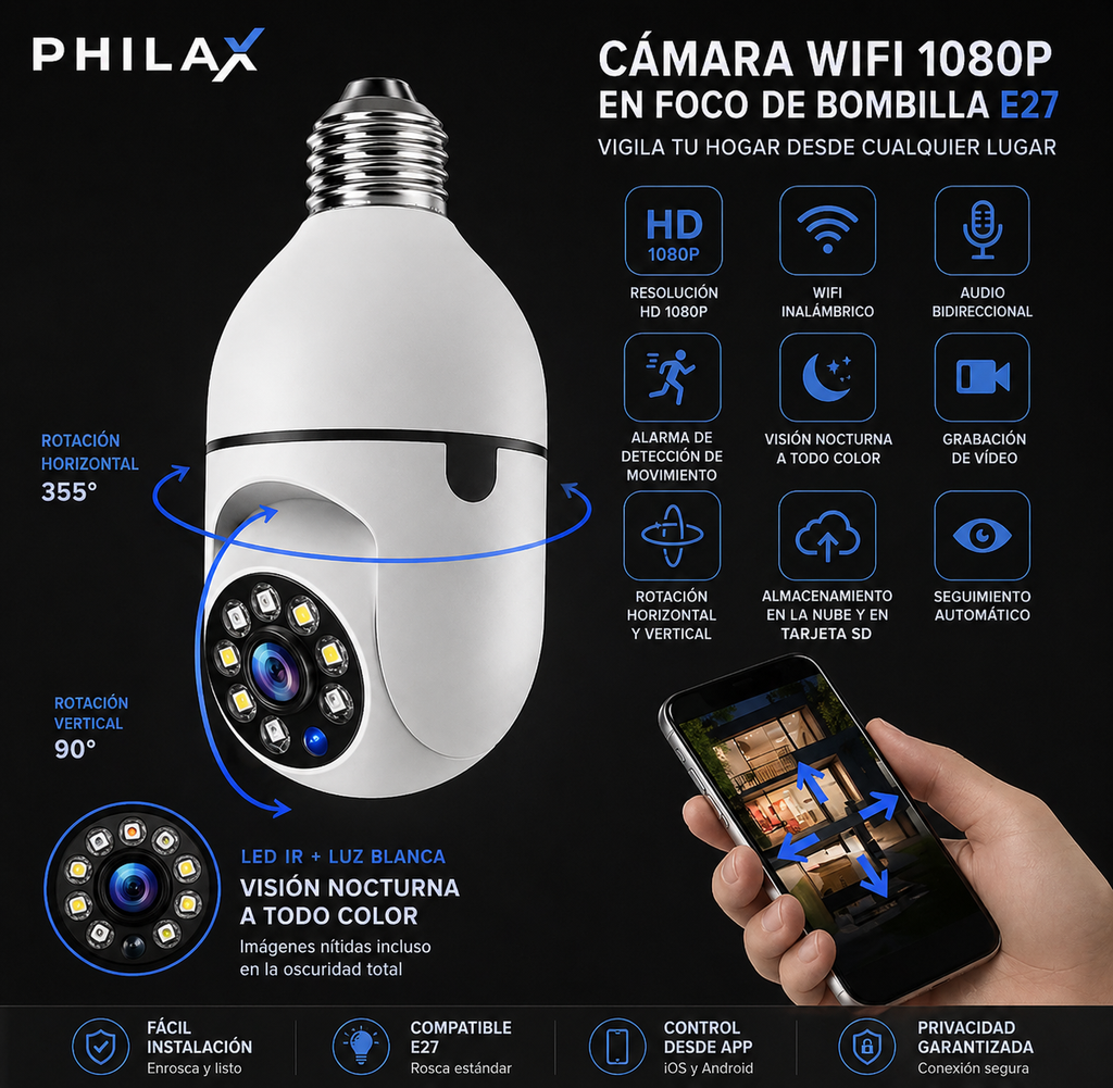 PHILAX Cam E27 — Cámara WiFi 1080P con Seguimiento Automático