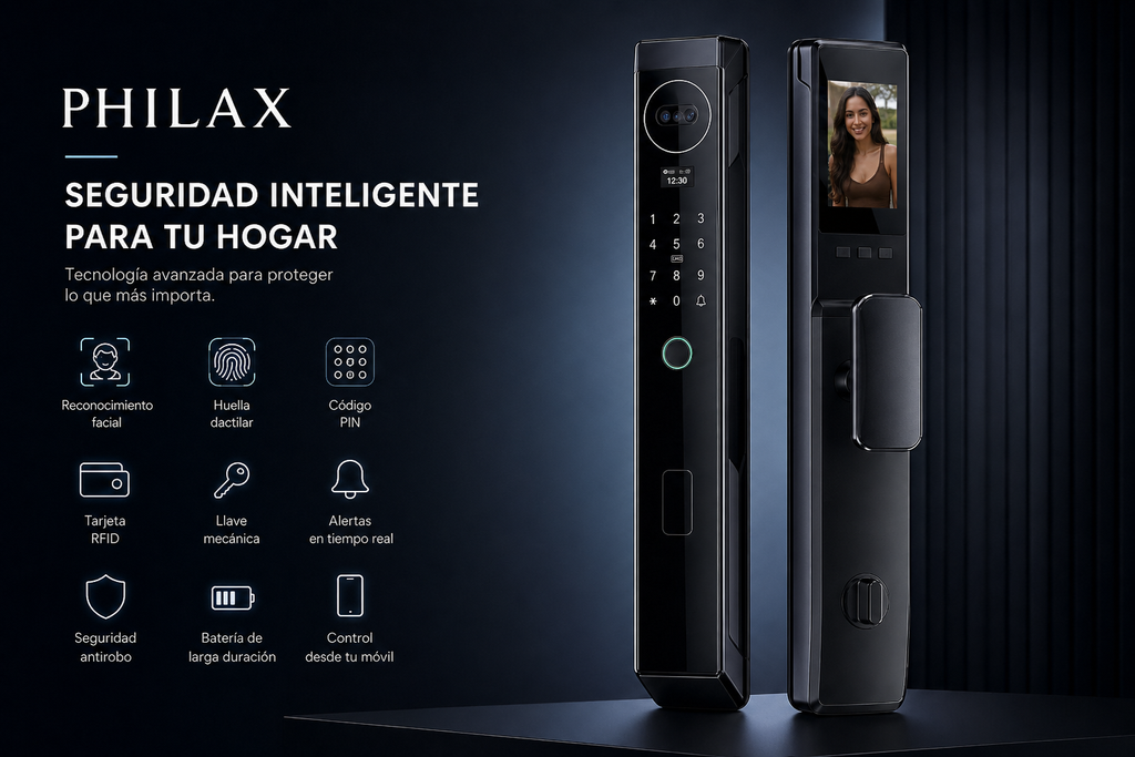 Cerradura PHILAX con Reconocimiento Facial, Huella Digital y App | Seguridad Premium para tu Hogar