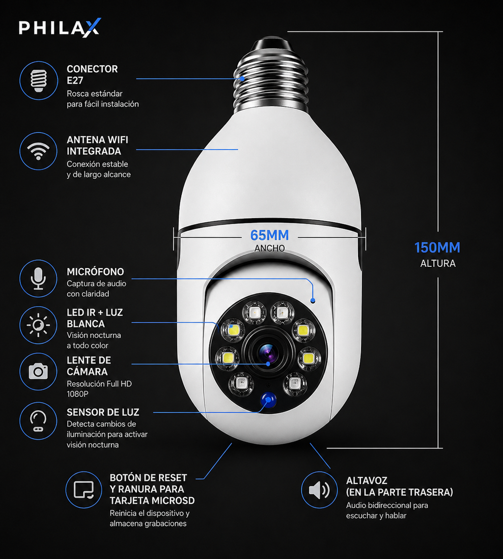 PHILAX Cam E27 — Cámara WiFi 1080P con Seguimiento Automático